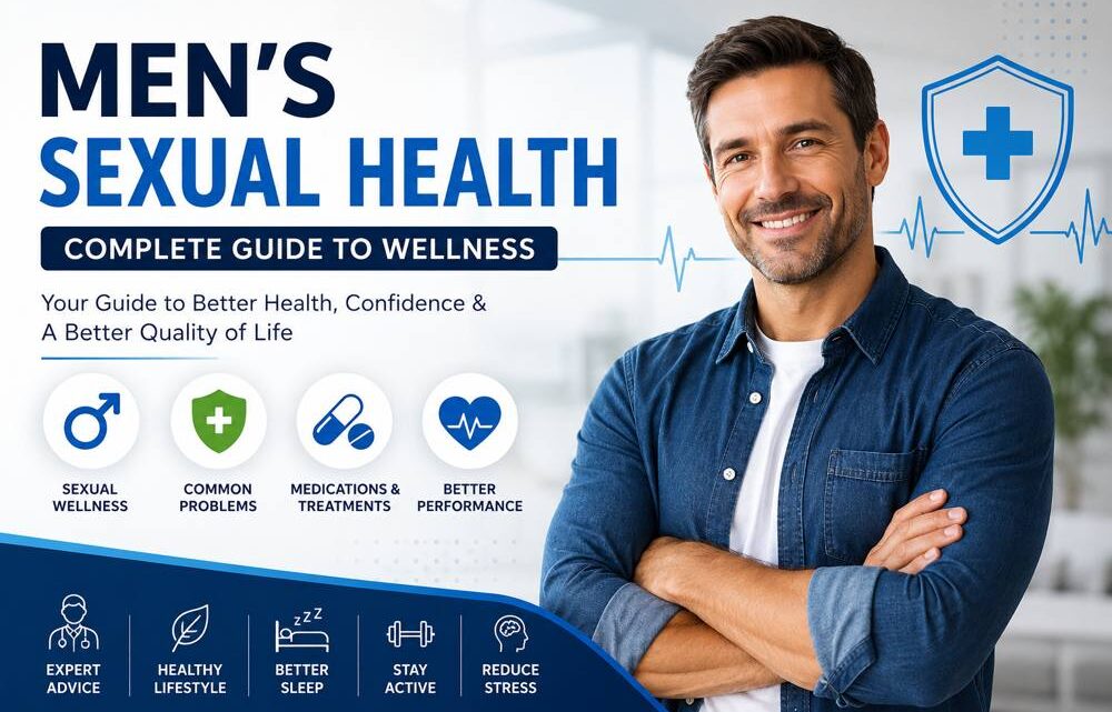 Men’s sexual health complete guide infographic showing wellness tips, common sexual health problems, medications, treatments, and lifestyle solutions for better male performance and overall health.