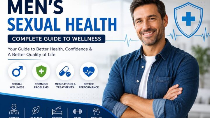 Men’s sexual health complete guide infographic showing wellness tips, common sexual health problems, medications, treatments, and lifestyle solutions for better male performance and overall health.