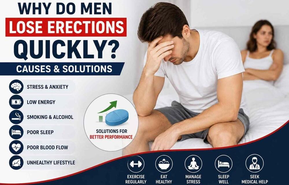 Why do men lose erections quickly infographic explaining common causes of erectile dysfunction, performance anxiety, poor blood flow, stress, and effective treatment solutions for men’s sexual health.