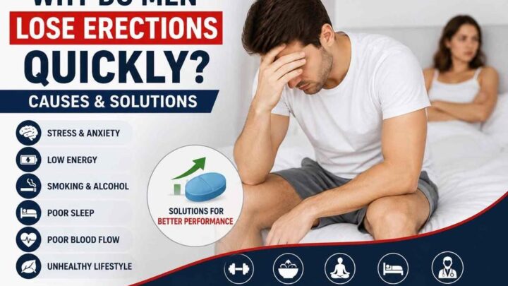 Why do men lose erections quickly infographic explaining common causes of erectile dysfunction, performance anxiety, poor blood flow, stress, and effective treatment solutions for men’s sexual health.
