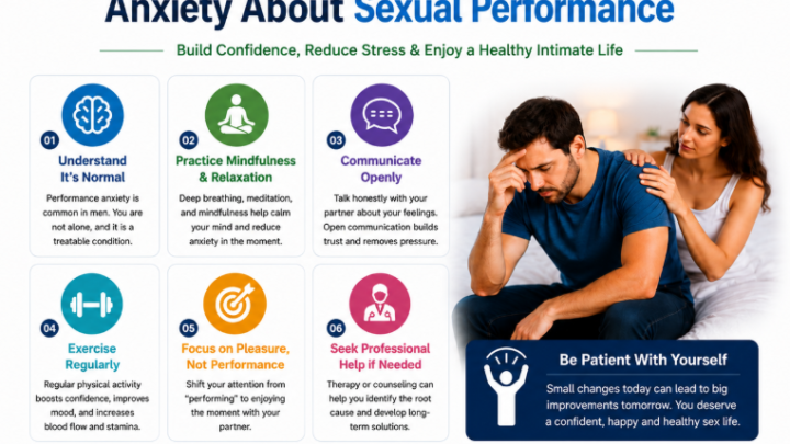 How to overcome anxiety about sexual performance with mindfulness, communication, exercise, stress reduction, and emotional support