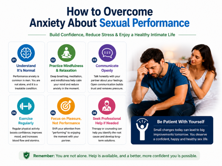 How to overcome anxiety about sexual performance with mindfulness, communication, exercise, stress reduction, and emotional support