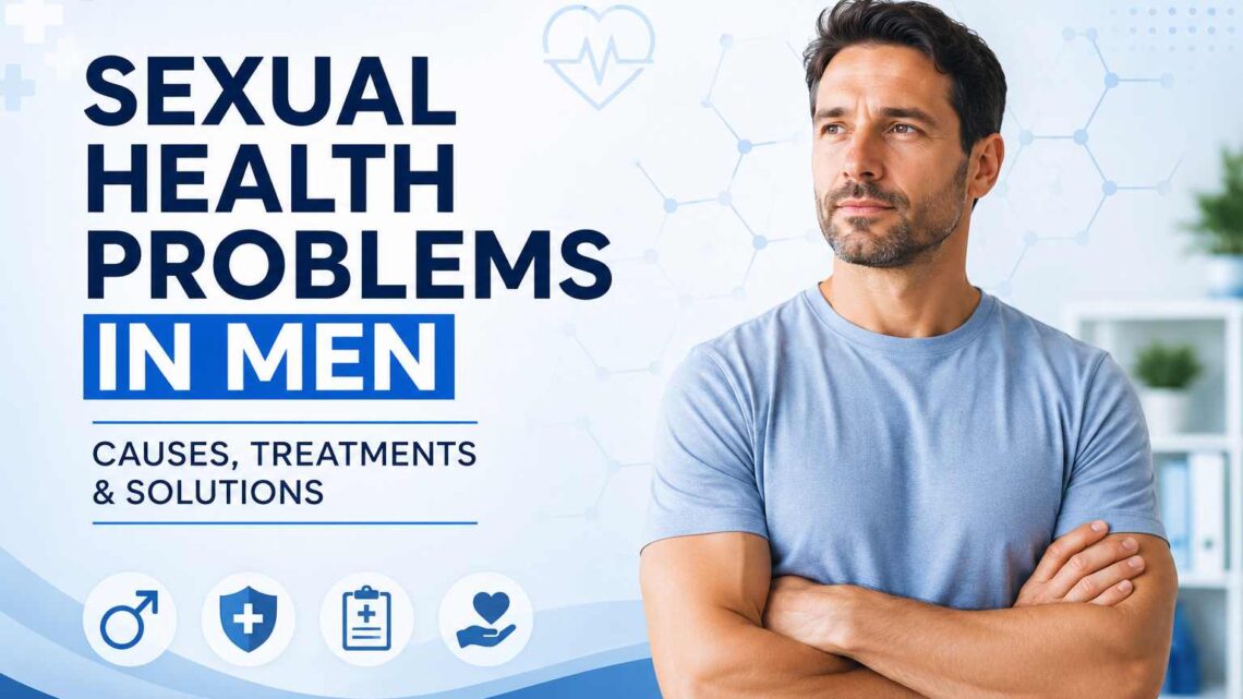 Professional medical banner showing a confident middle aged man with the title “Sexual Health Problems in Men Causes, Treatments & Solutions” on a clean blue healthcare background.