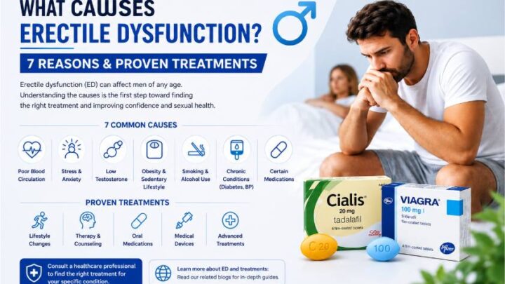 What causes erectile dysfunction infographic showing 7 common causes and proven ED treatments