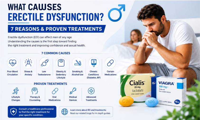 What causes erectile dysfunction infographic showing 7 common causes and proven ED treatments