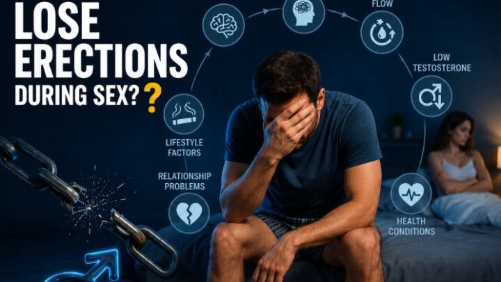 Why do men lose erections during sex infographic showing stress, performance anxiety, poor blood flow, low testosterone, and relationship problems affecting male performance