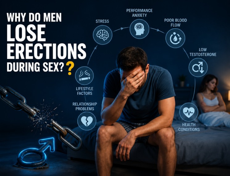 Why do men lose erections during sex infographic showing stress, performance anxiety, poor blood flow, low testosterone, and relationship problems affecting male performance