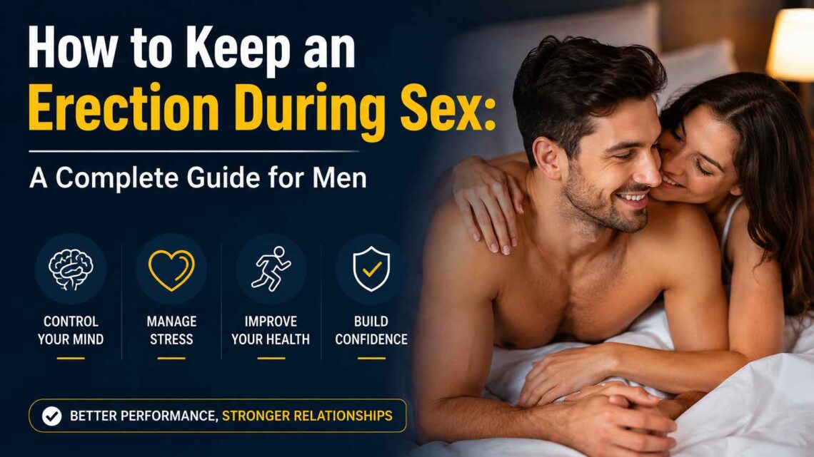 Couple in bedroom with blog title about improving erection during sex and icons for health, stress, and confidence.