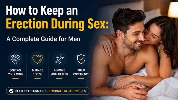 Couple in bedroom with blog title about improving erection during sex and icons for health, stress, and confidence.